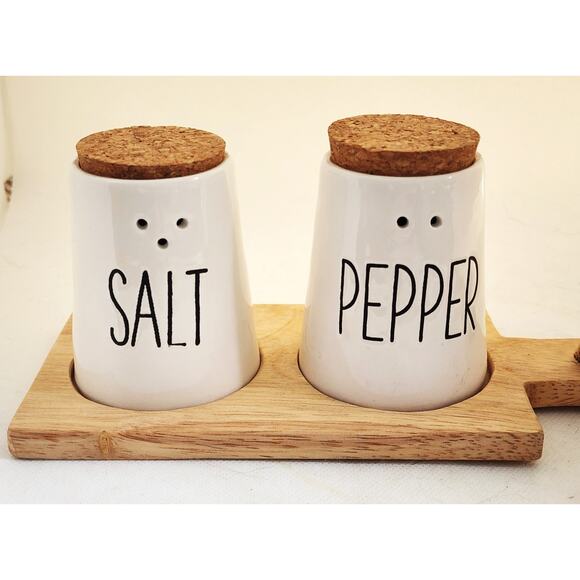 SALT & PEPPER/PIER 1-Set of Shakers With Wood Board Stand-Cork Tops-Set of 3 - Picture 2 of 10